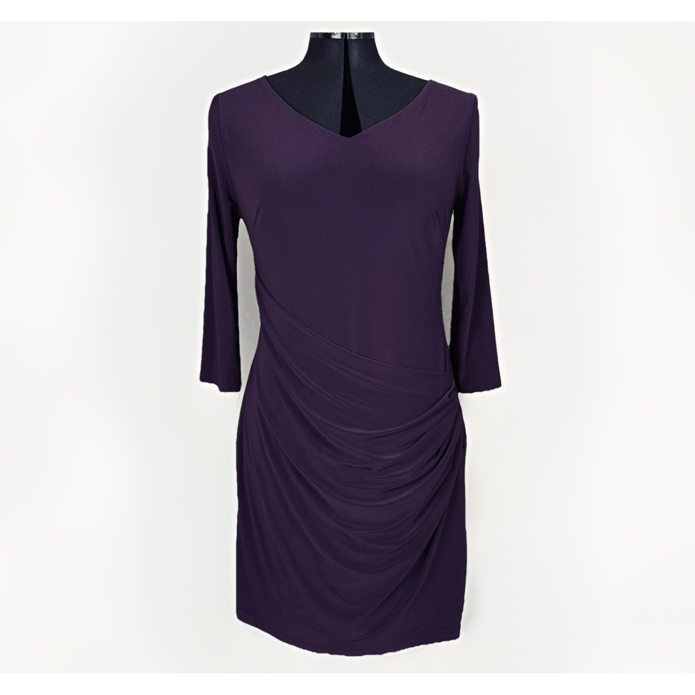 LAUREN RALPH LAUREN 3/4 Sleeve Faux Wrap Knee Dress Sz 10 Purple V-Neck Stretch